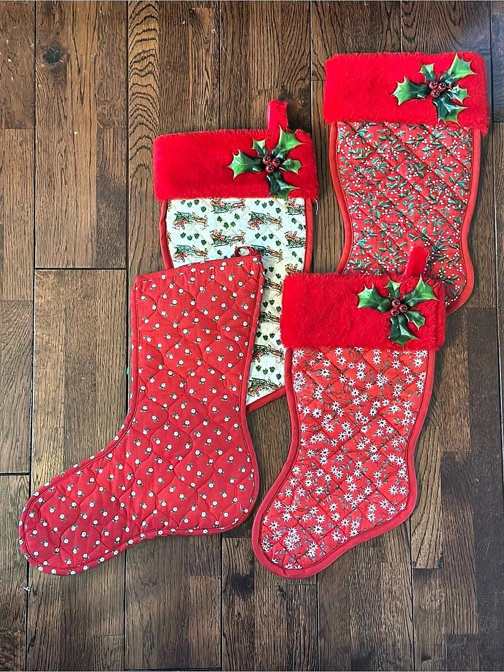 Set of 4 Christmas Stockings Red & White Holiday Decor